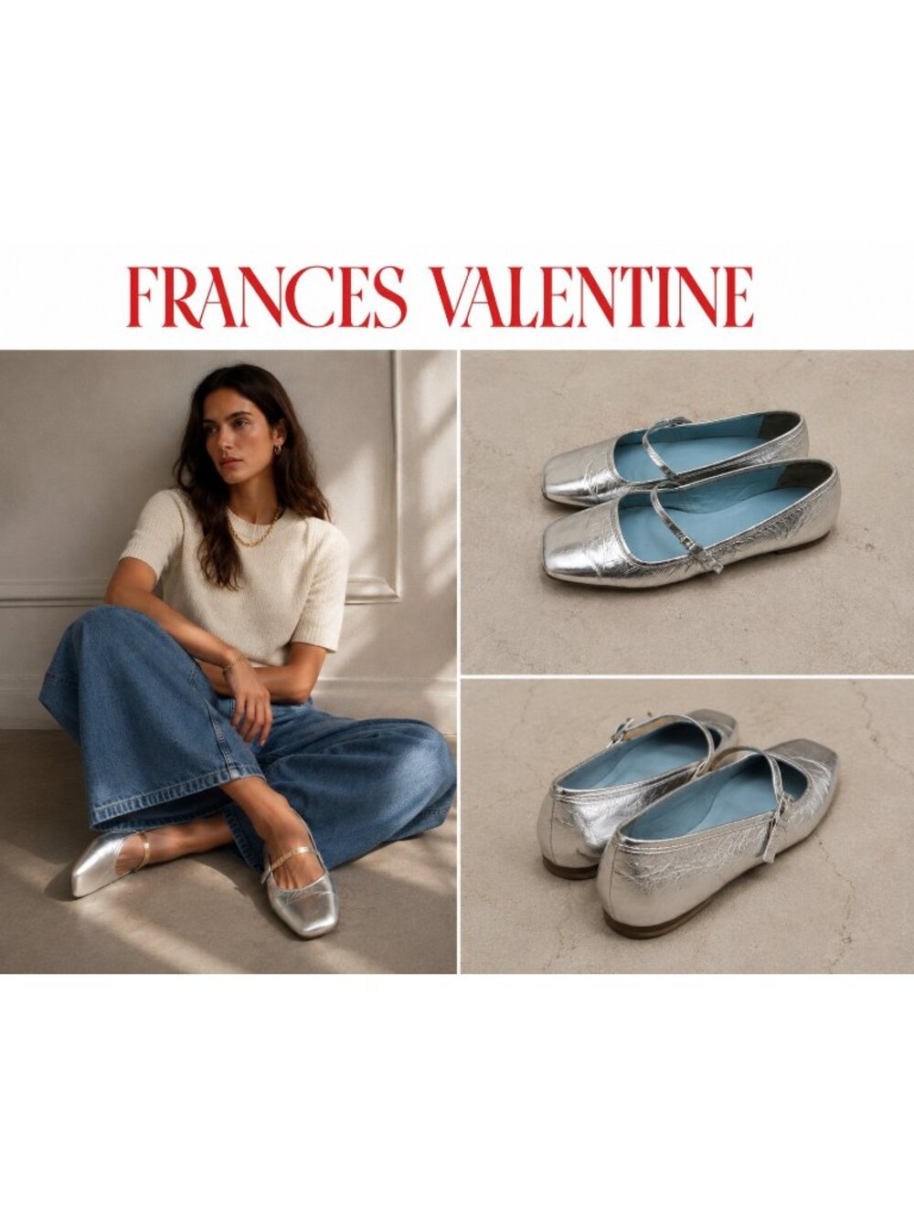 Frances Valentine Silver Metallic Leather Mary Jane Ballet Flats Bow Shoes Sz 9B